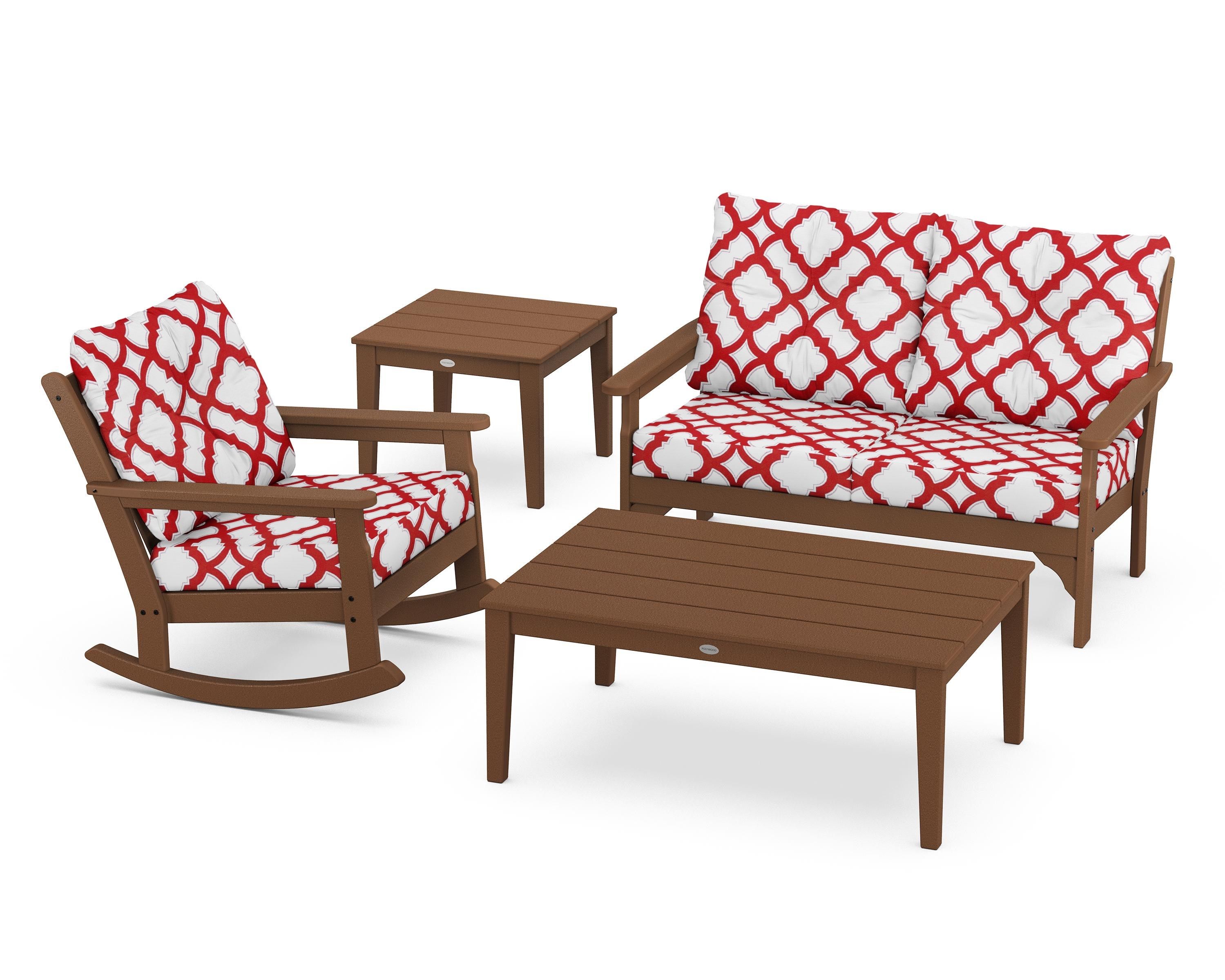 POLYWOOD® Vineyard 4-Piece Deep Seating Rocker Set in Teak / Trellis Crimson