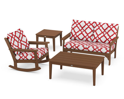 POLYWOOD® Vineyard 4-Piece Deep Seating Rocker Set in Teak / Trellis Crimson