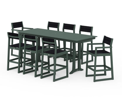 POLYWOOD® EDGE Sling 9-Piece Farmhouse Bar Set with Trestle Legs in Green / Black Sling
