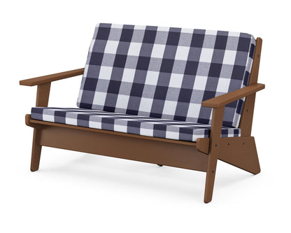 POLYWOOD® Riviera Modern Lounge Loveseat in Teak / Buffalo Plaid Navy