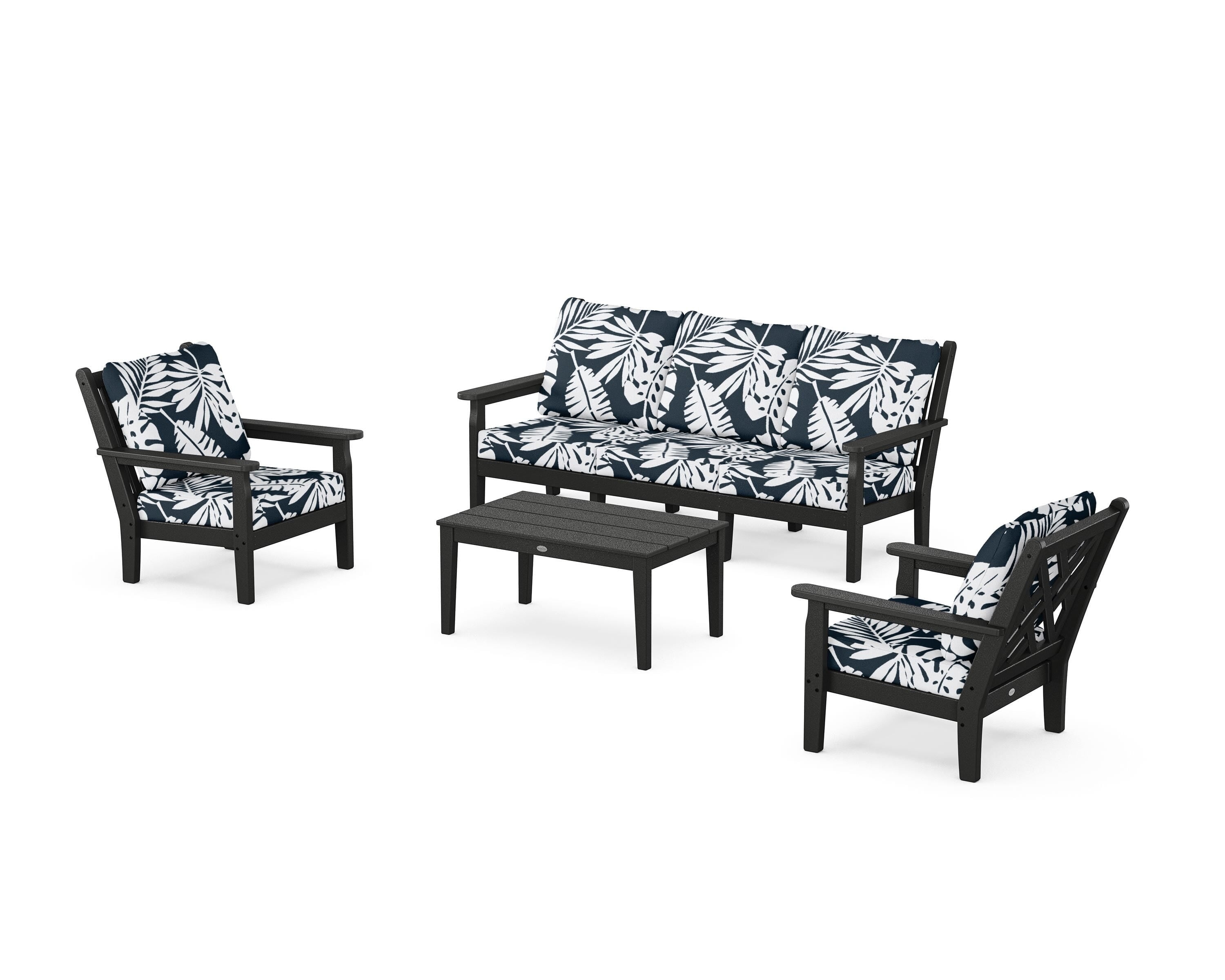 POLYWOOD® Chippendale 4-Piece Deep Seating Set with Sofa in Black / Leaf Marine Indigo