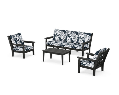 POLYWOOD® Chippendale 4-Piece Deep Seating Set with Sofa in Black / Leaf Marine Indigo