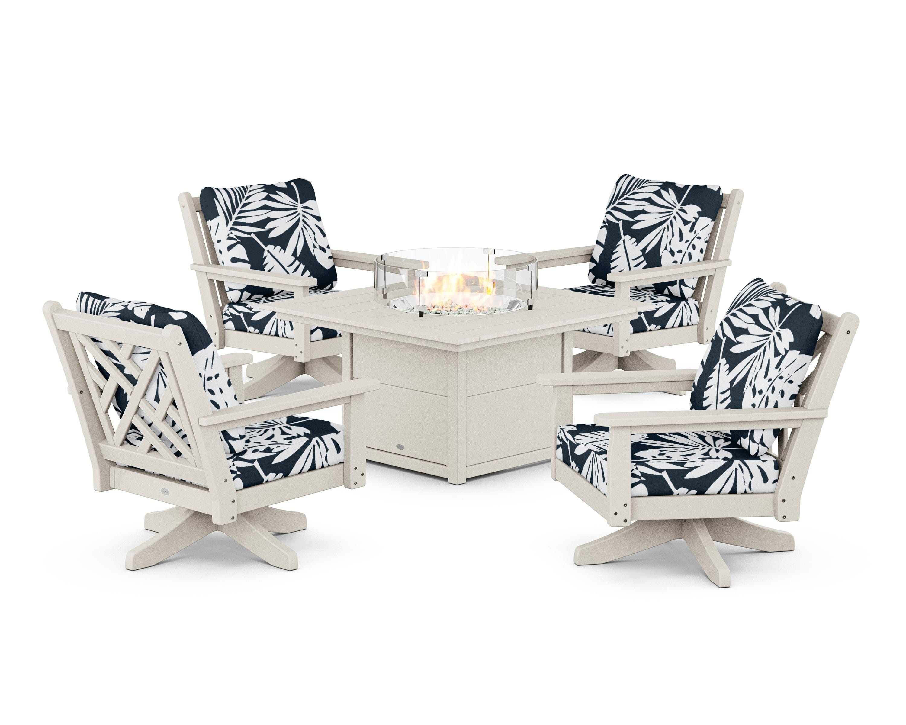 POLYWOOD® Chippendale 5-Piece Deep Seating Swivel Conversation Set with Fire Pit Table in Sand / Leaf Marine Indigo
