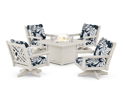 POLYWOOD® Chippendale 5-Piece Deep Seating Swivel Conversation Set with Fire Pit Table in Sand / Leaf Marine Indigo