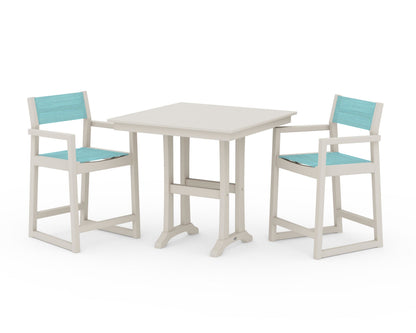 POLYWOOD® EDGE Sling Arm Chair 3-Piece Farmhouse Counter Set with Trestle Legs in Sand / Dupioni Aquamarine Sling
