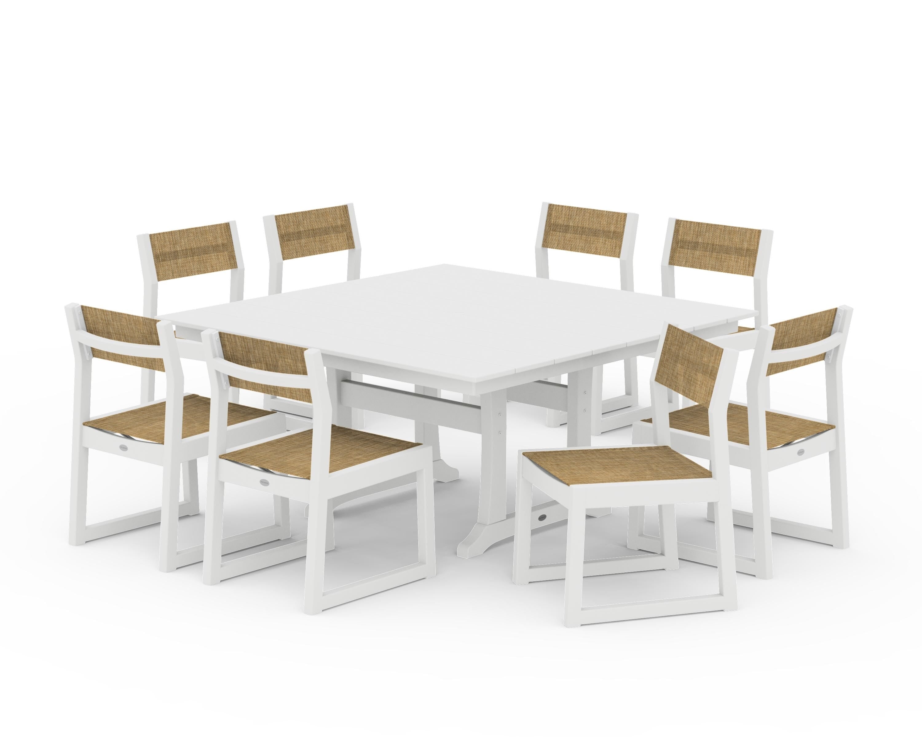 POLYWOOD® EDGE Sling Side Chair 9-Piece Farmhouse Trestle Dining Set in White / Burlap Sling