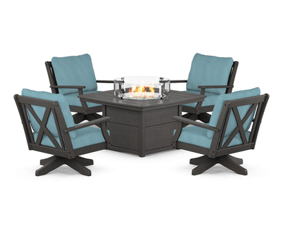 POLYWOOD® Braxton 5-Piece Deep Seating Swivel Conversation Set with Fire Pit Table in Vintage Coffee / Lattice Sky Blue