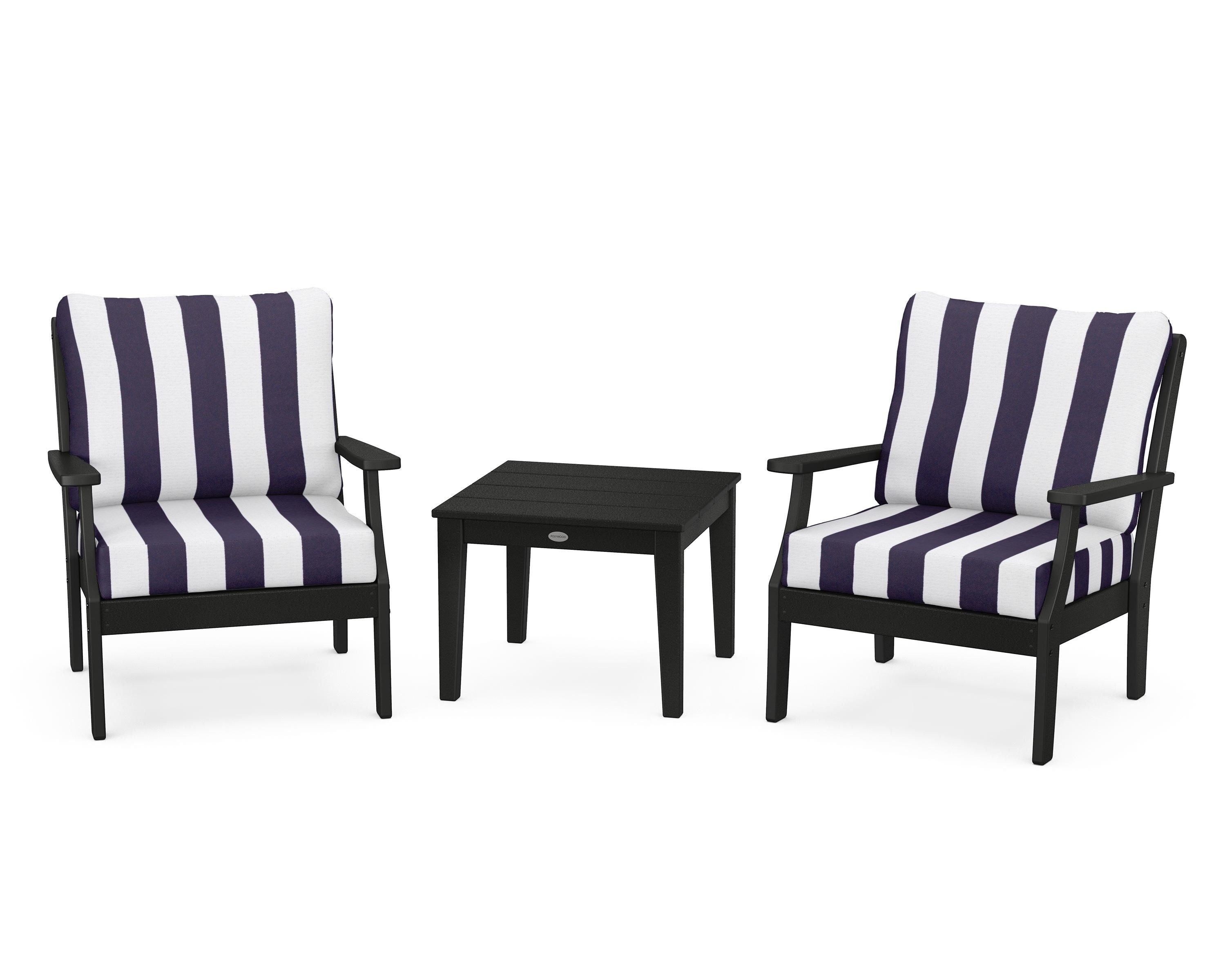 POLYWOOD® Braxton 3-Piece Deep Seating Set in Black / Cabana Stripe Navy