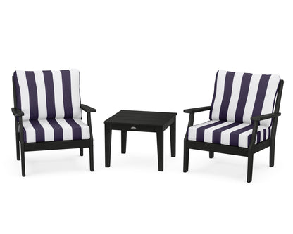 POLYWOOD® Braxton 3-Piece Deep Seating Set in Black / Cabana Stripe Navy