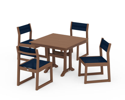 POLYWOOD® EDGE Sling 5-Piece Farmhouse Trestle Side Chair Dining Set in Teak / Navy Blue Sling