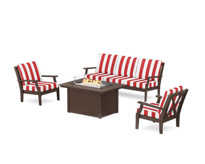 POLYWOOD® Braxton Deep Seating Fire Pit Table Set in Mahogany / Cabana Stripe Crimson