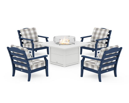 Draper James™ by  POLYWOOD® Savannah 5-Piece Deep Seating Set with Fire Pit Table in Navy / Buffalo Plaid Grey Mist