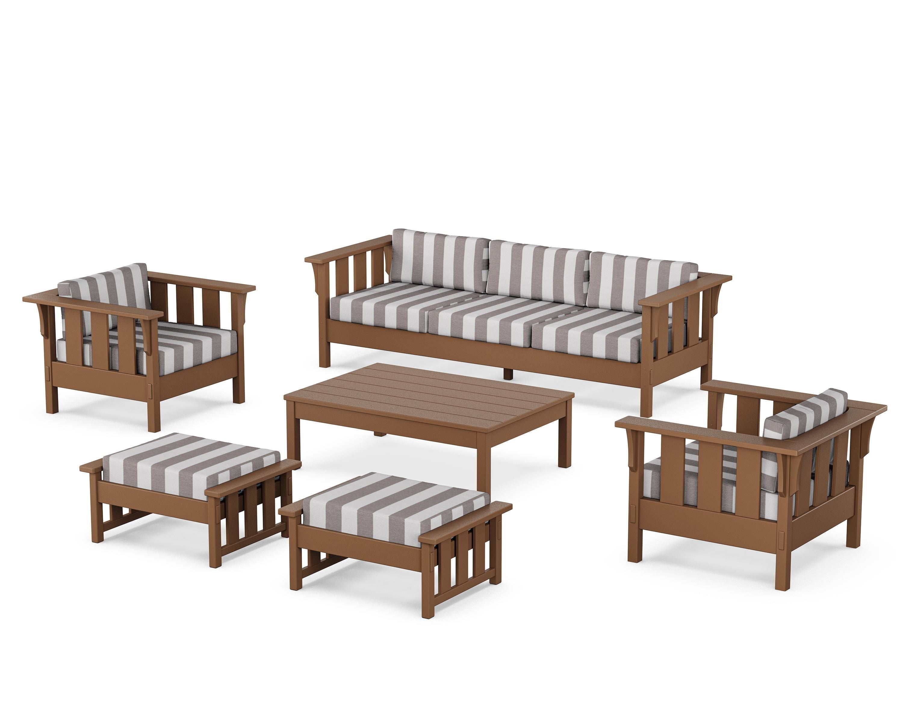 Martha Stewart by POLYWOOD® Acadia 6-Piece Lounge Sofa Set in Teak / Cabana Stripe Grey Mist