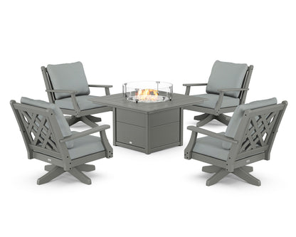 Country Living Wovendale 5-Piece Deep Seating Swivel Conversation Set with Fire Pit Table in Slate Grey / Spa