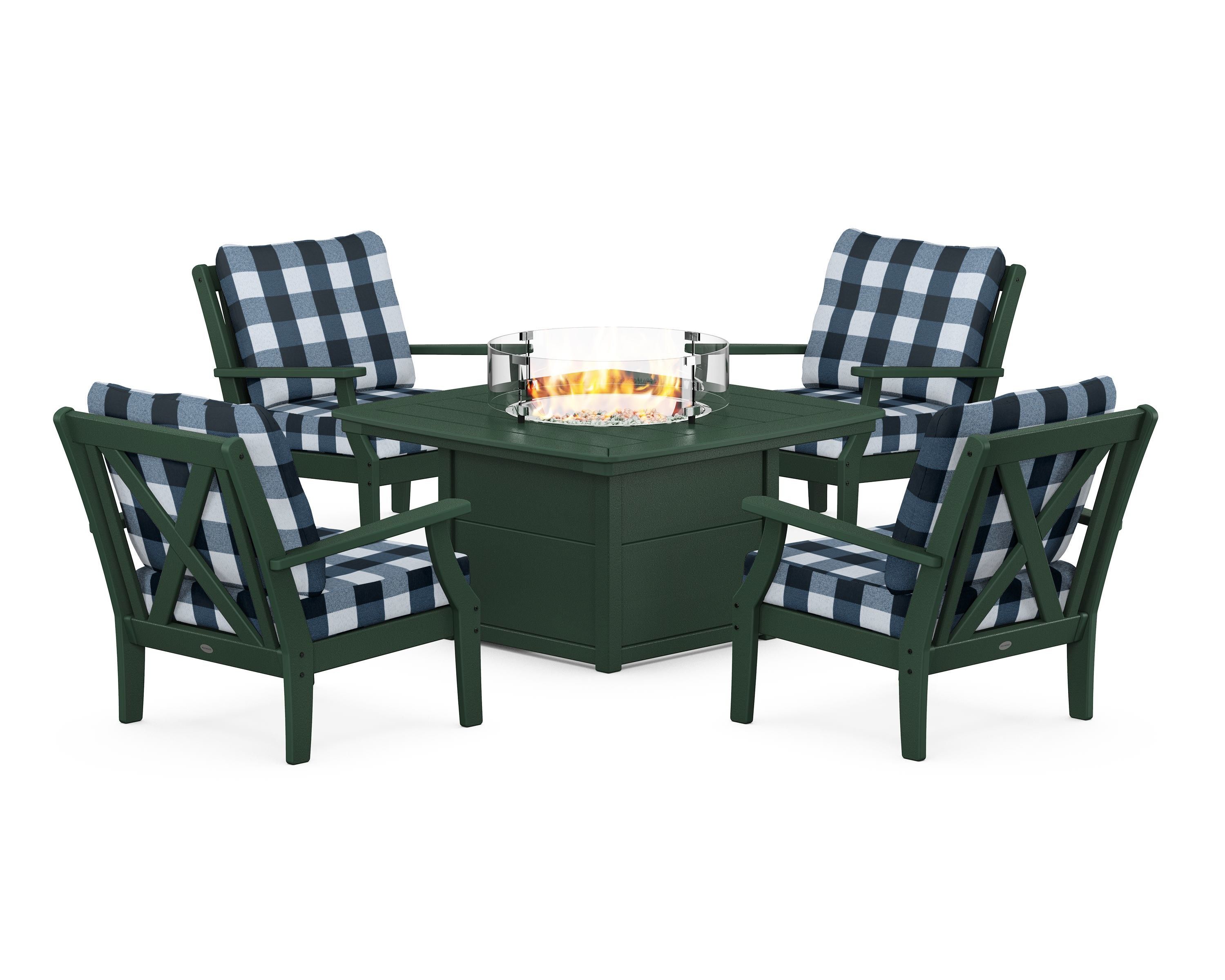 POLYWOOD® Braxton 5-Piece Deep Seating Conversation Set with Fire Pit Table in Green / Buffalo Plaid Marine Indigo