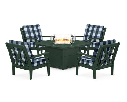 POLYWOOD® Braxton 5-Piece Deep Seating Conversation Set with Fire Pit Table in Green / Buffalo Plaid Marine Indigo