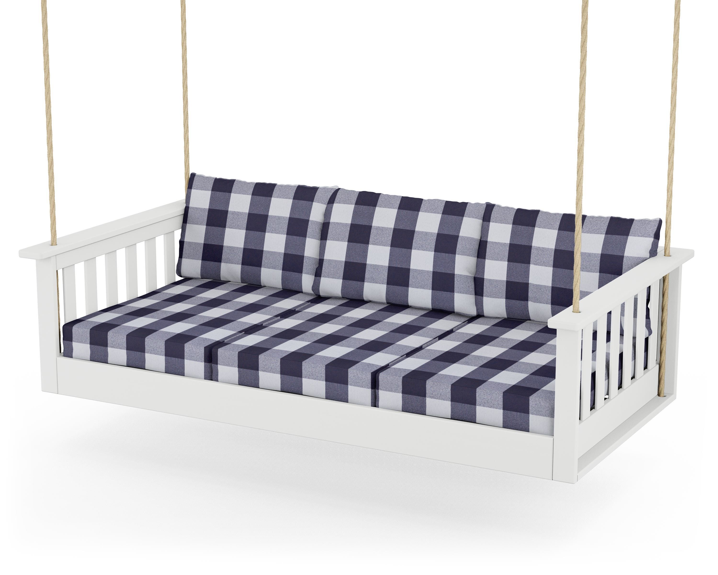 POLYWOOD® Vineyard Daybed Swing in White / Buffalo Plaid Navy