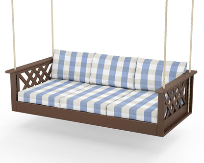 Country Living Wovendale Daybed Swing in Mahogany / Buffalo Plaid Sky Blue