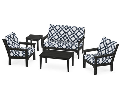 POLYWOOD® Vineyard 5-Piece Deep Seating Set in Black / Trellis Marine Indigo