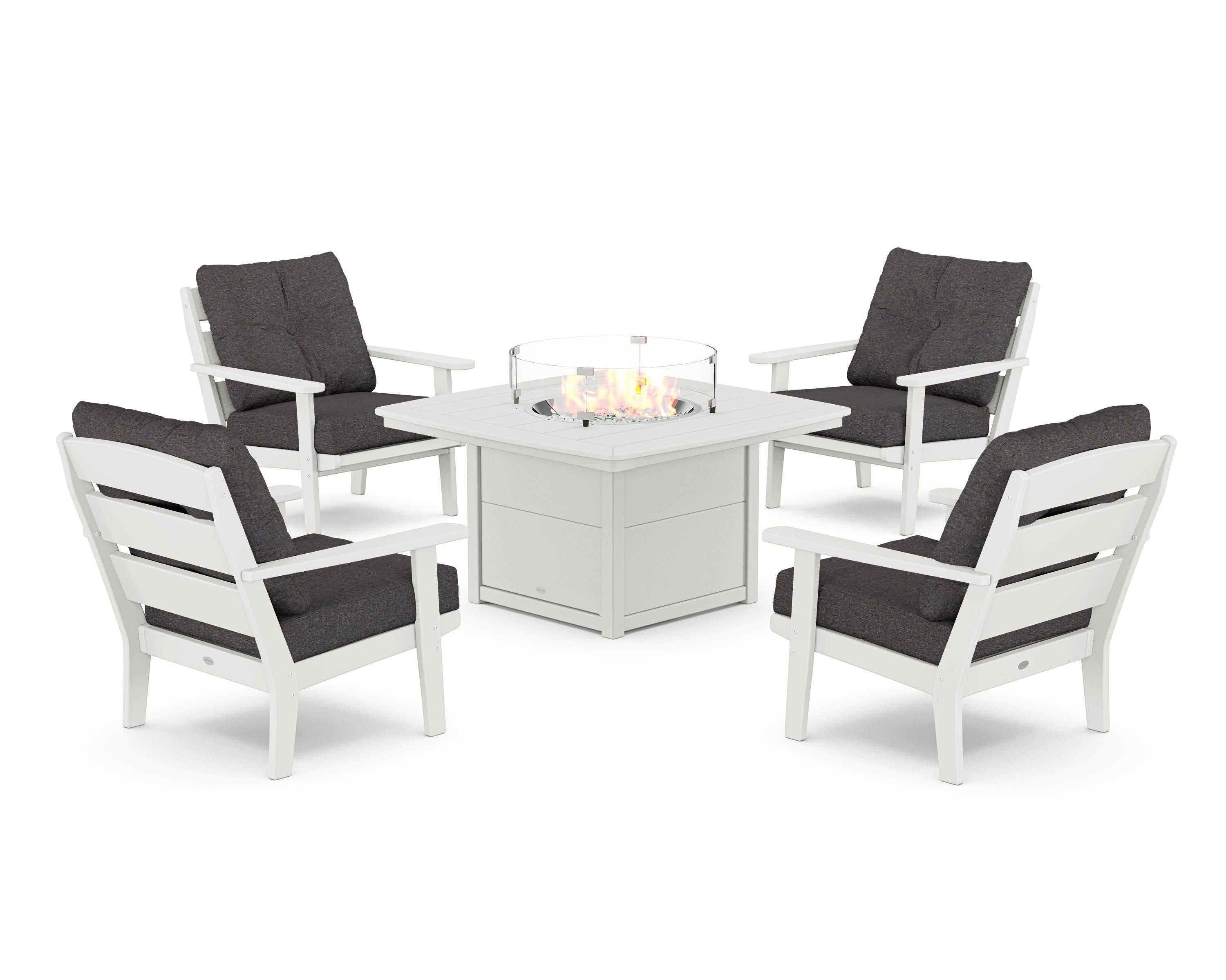 POLYWOOD® Lakeside 5-Piece Deep Seating Set with Nautical Fire Pit Table in White / Ash Charcoal