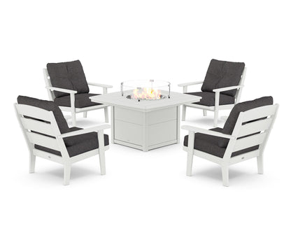 POLYWOOD® Lakeside 5-Piece Deep Seating Set with Nautical Fire Pit Table in White / Ash Charcoal