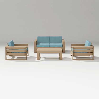 PW Designer Series Latitude 4-Piece Lounge Loveseat Set in Vintage Sahara / Lattice Sky Blue