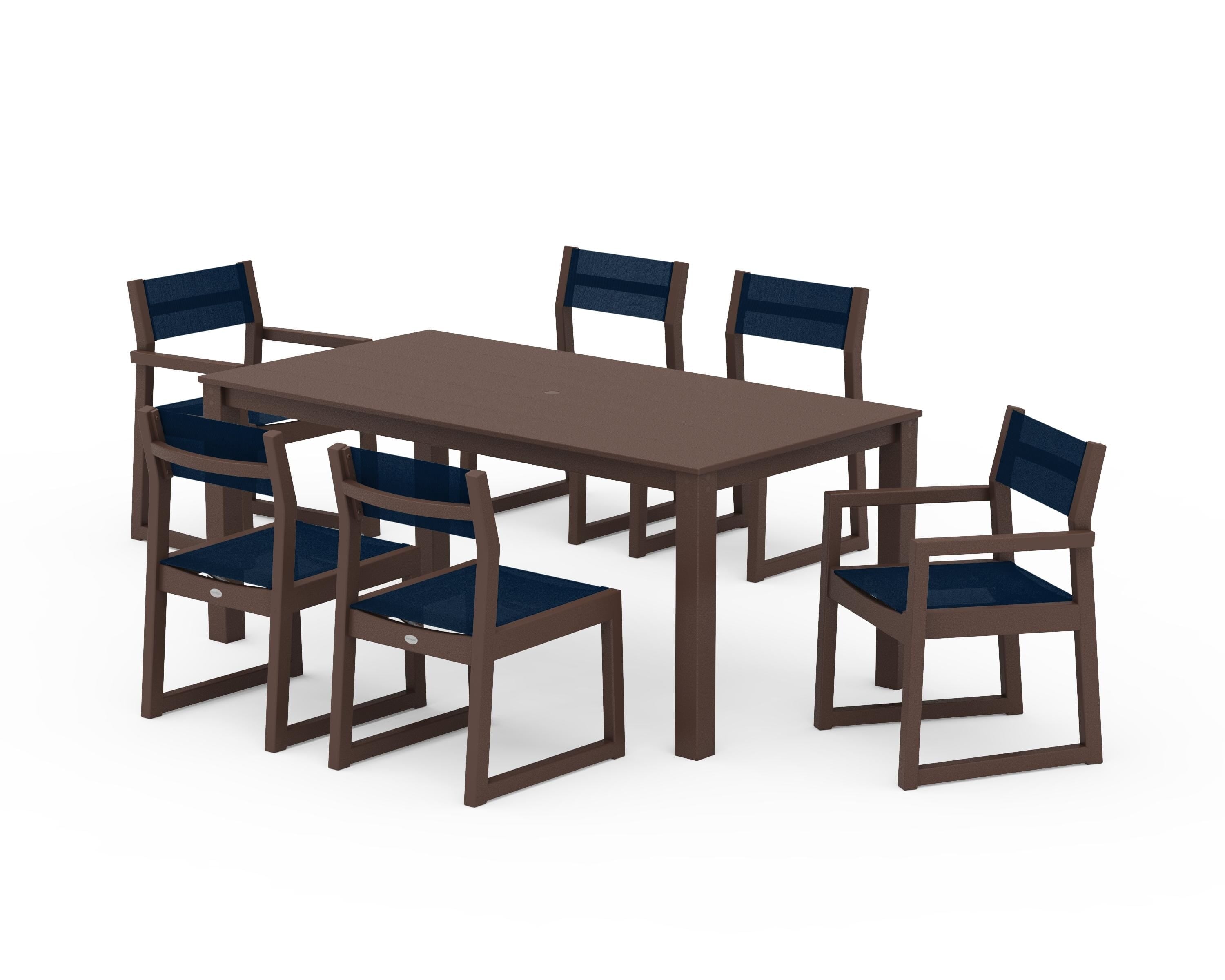 POLYWOOD® EDGE Sling 7-Piece Parsons Dining Set in Mahogany / Navy Blue Sling