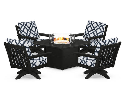 POLYWOOD® Vineyard 5-Piece Deep Seating Swivel Conversation Set with Fire Pit Table in Black / Trellis Marine Indigo