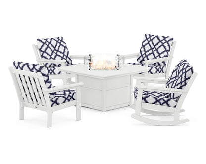 POLYWOOD® Vineyard 5-Piece Deep Seating Rocking Chair Conversation Set with Fire Pit Table in White / Trellis Navy