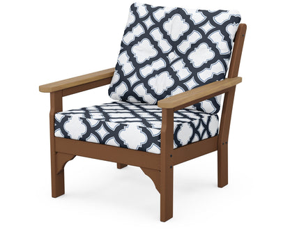 POLYWOOD® Vineyard Deep Seating Chair in Teak / Natural / Trellis Marine Indigo