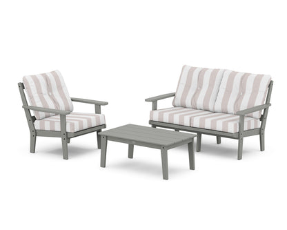 POLYWOOD® Prairie 3-Piece Deep Seating Set with Loveseat in Slate Grey / Cabana Stripe Dune Burlap