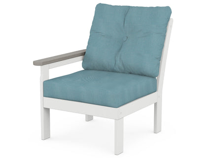 POLYWOOD® Vineyard Modular Left Arm Chair in White / Driftwood / Lattice Sky Blue