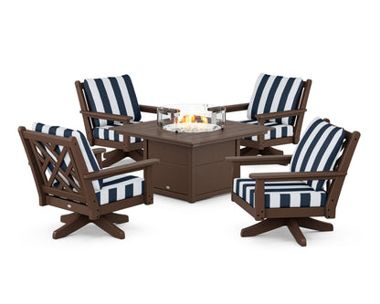 POLYWOOD® Chippendale 5-Piece Deep Seating Swivel Conversation Set with Fire Pit Table in Mahogany / Cabana Stripe Marine Indigo