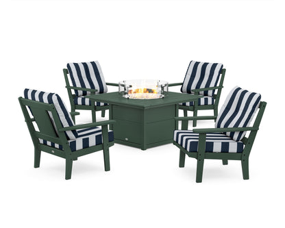 POLYWOOD® Prairie 5-Piece Deep Seating Set with Fire Pit Table in Green / Cabana Stripe Marine Indigo
