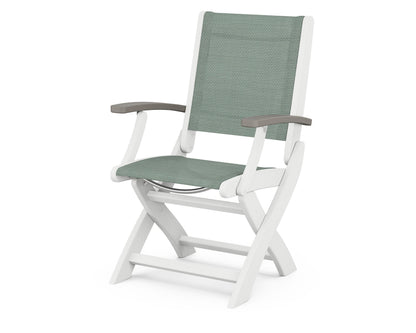 POLYWOOD® Coastal Folding Chair in White / Driftwood / Dupioni Sea Mist Sling