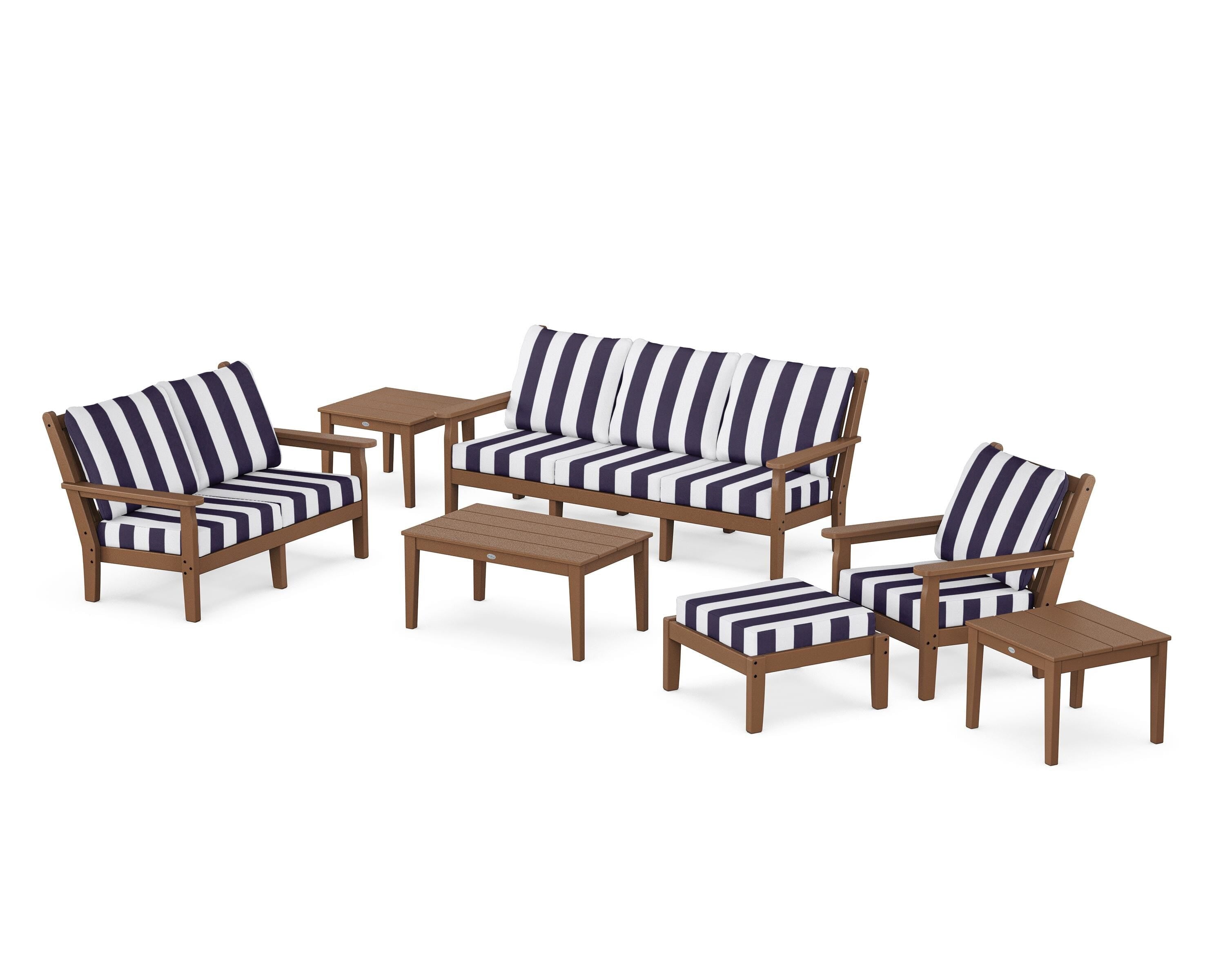 POLYWOOD® Chippendale 7-Piece Deep Seating Set in Teak / Cabana Stripe Navy