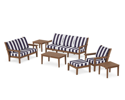 POLYWOOD® Chippendale 7-Piece Deep Seating Set in Teak / Cabana Stripe Navy