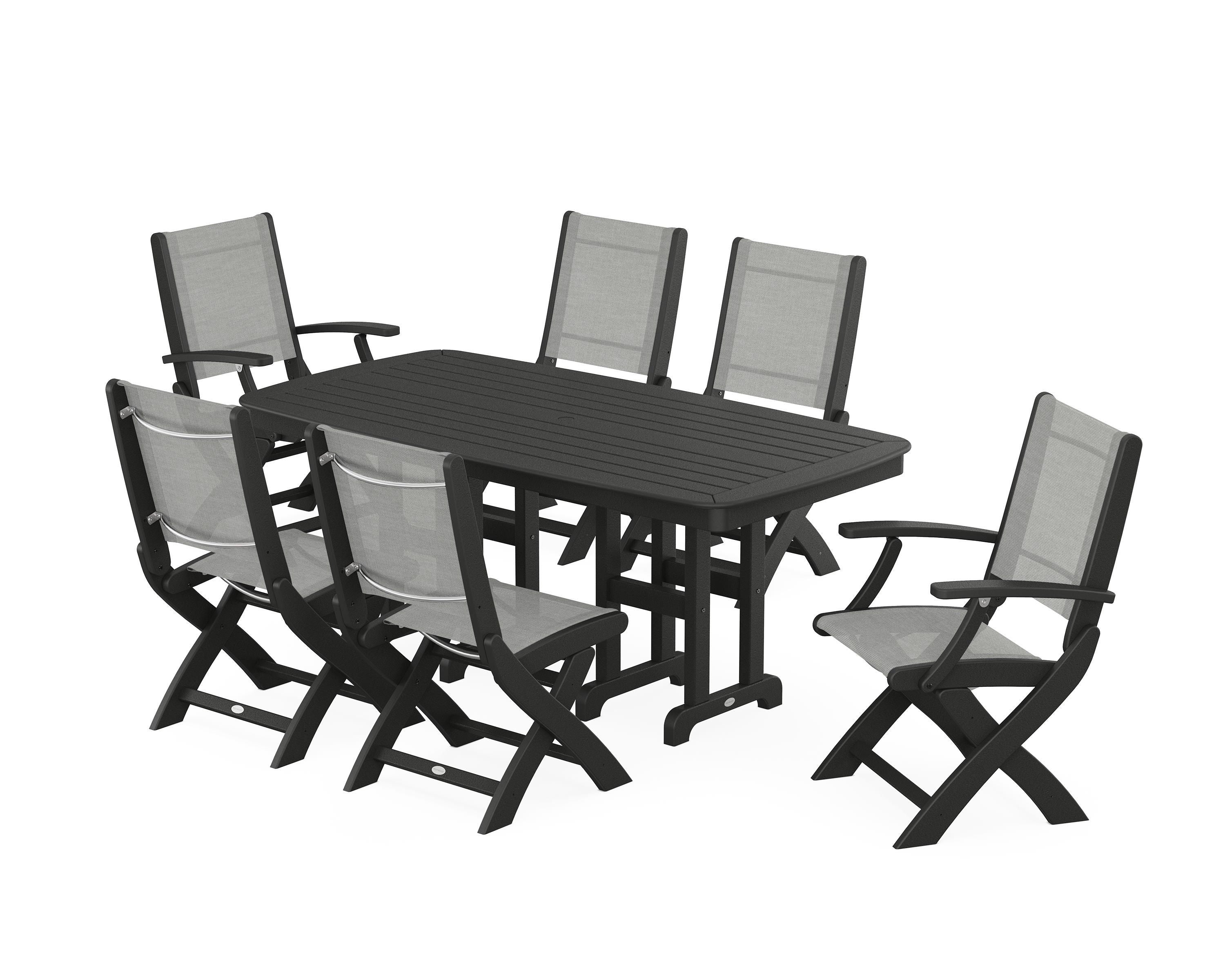 POLYWOOD® Coastal Folding Chair 7-Piece Dining Set in Black / Metallic Sling