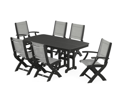 POLYWOOD® Coastal Folding Chair 7-Piece Dining Set in Black / Metallic Sling
