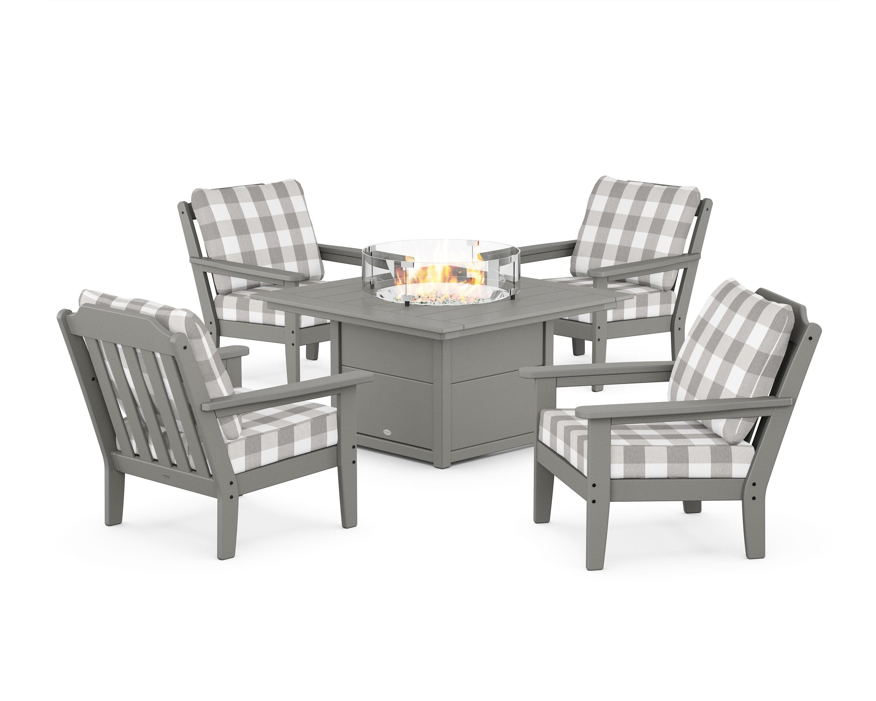 Country Living Cottage 5-Piece Deep Seating Set with Fire Pit Table in Slate Grey / Buffalo Plaid Grey Mist