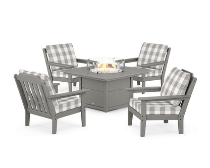 Country Living Cottage 5-Piece Deep Seating Set with Fire Pit Table in Slate Grey / Buffalo Plaid Grey Mist