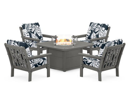 POLYWOOD® Vineyard 5-Piece Conversation Set with Fire Pit Table in Slate Grey / Leaf Marine Indigo