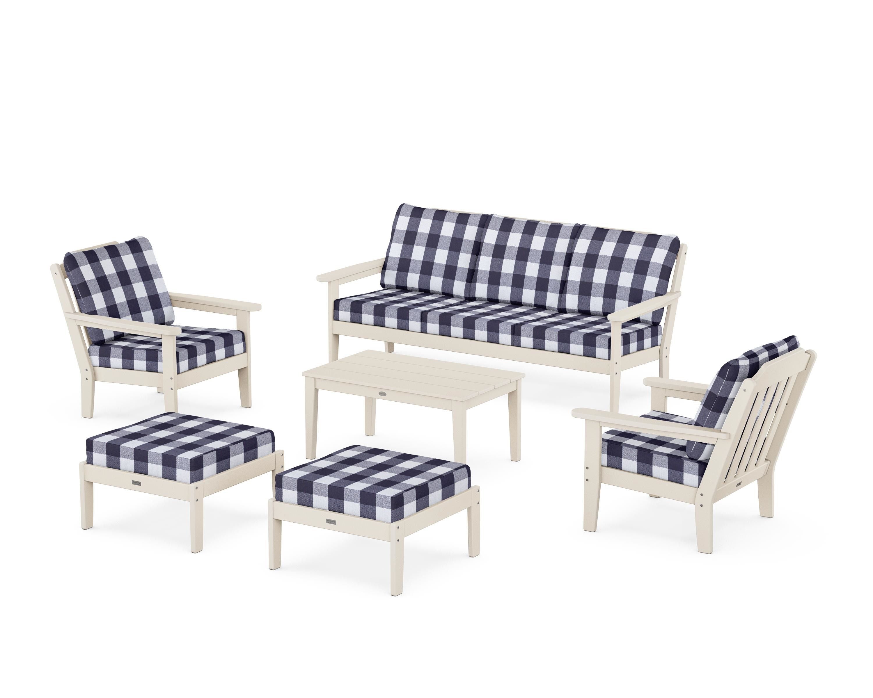 Country Living Cottage 6-Piece Lounge Sofa Set in Sand / Buffalo Plaid Navy