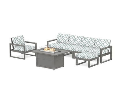 POLYWOOD® EDGE Sectional Lounge and Fire Pit Set in Slate Grey / Trellis Glacier Spa