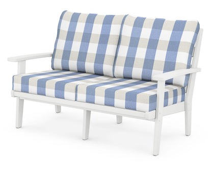 POLYWOOD® Grant Park Deep Seating Loveseat in White / Buffalo Plaid Sky Blue