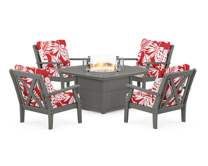 POLYWOOD® Braxton 5-Piece Deep Seating Conversation Set with Fire Pit Table in Slate Grey / Leaf Crimson