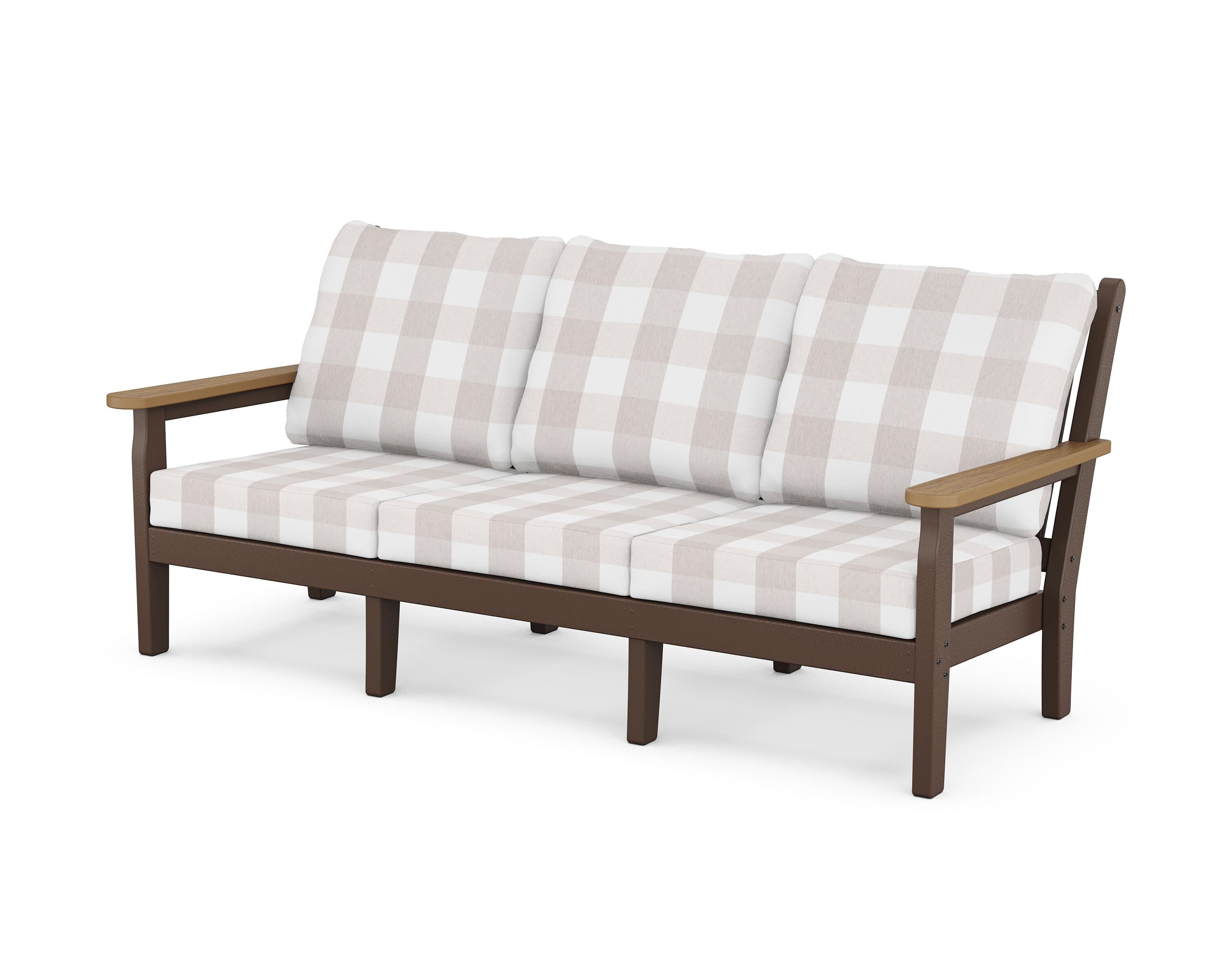 POLYWOOD® Chippendale Deep Seating Sofa in Mahogany / Natural / Buffalo Plaid Dune Burlap
