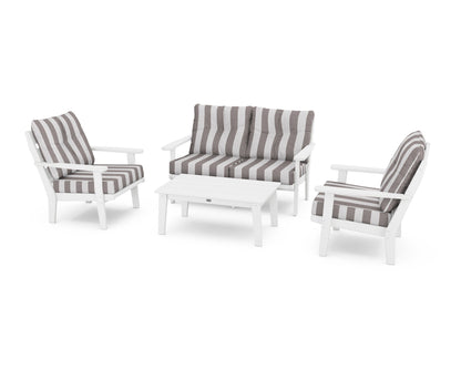 POLYWOOD® Lakeside 4-Piece Deep Seating Set in White / Cabana Stripe Grey Mist