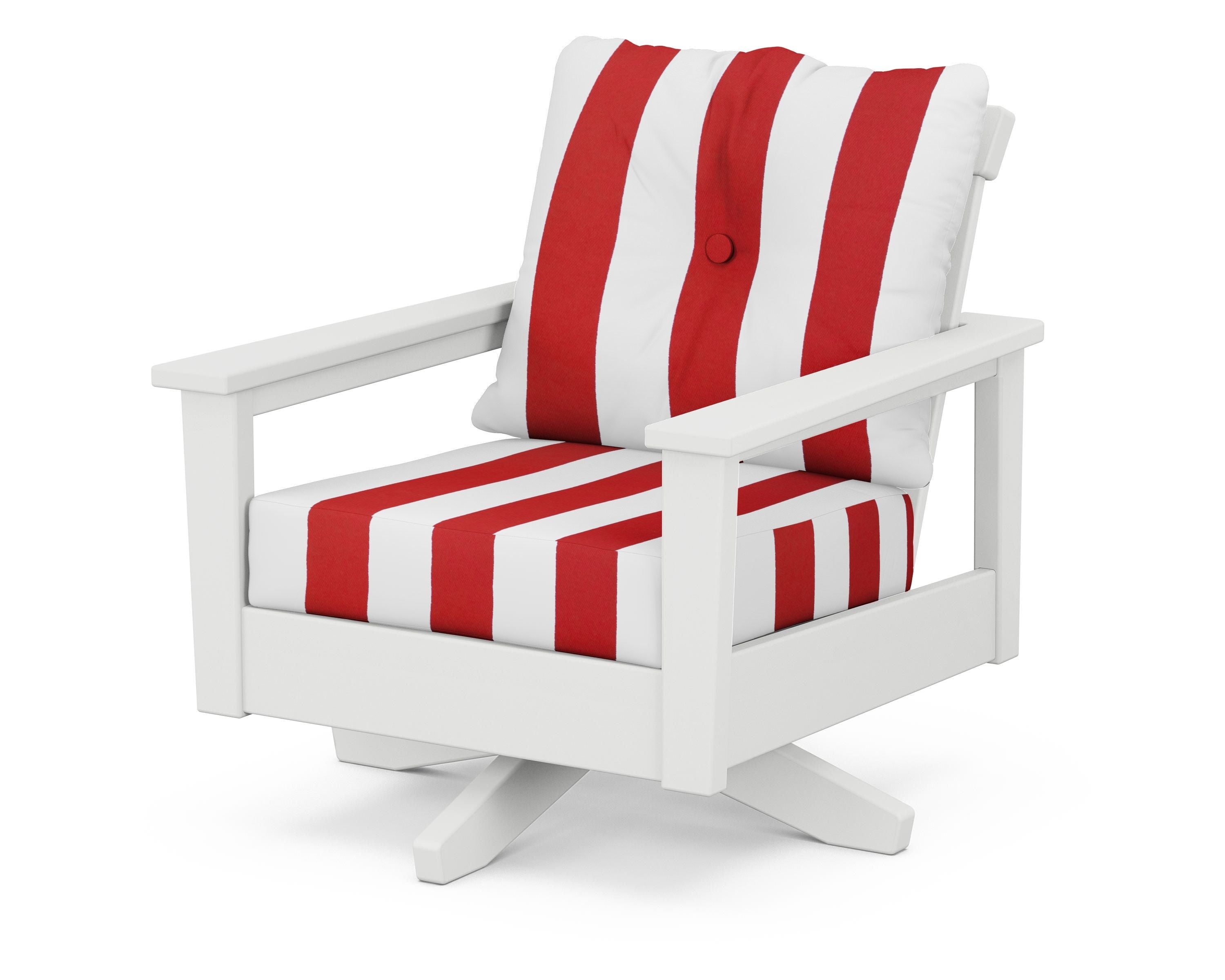 POLYWOOD® Prescott Deep Seating Swivel Chair in White / Cabana Stripe Crimson