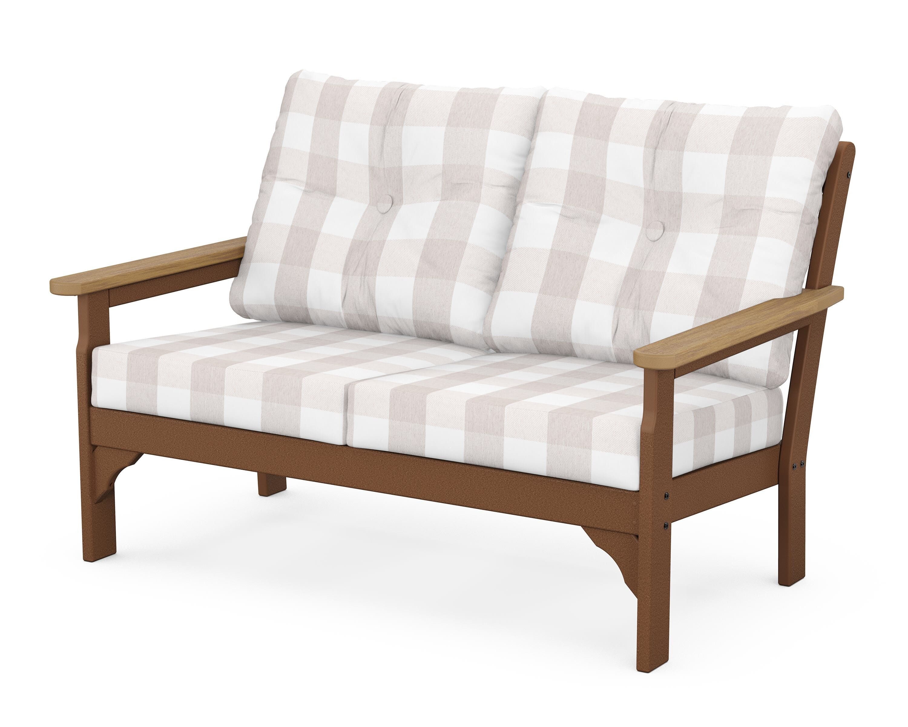 POLYWOOD® Vineyard Deep Seating Loveseat in Teak / Natural / Buffalo Plaid Dune Burlap